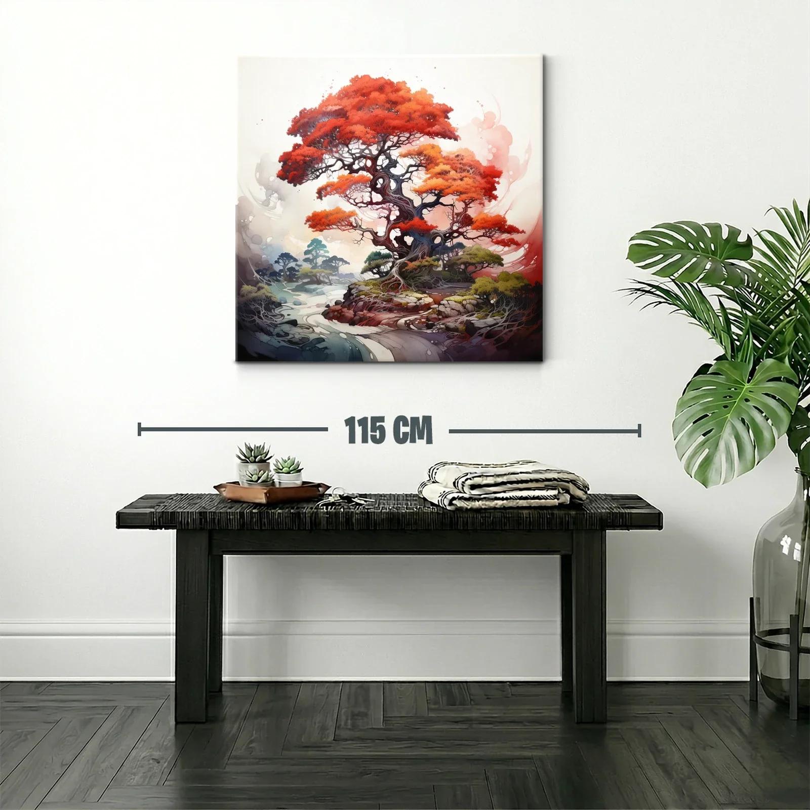 Árbol vibrante con follaje rojo intenso y paisaje onírico — miniatura 2