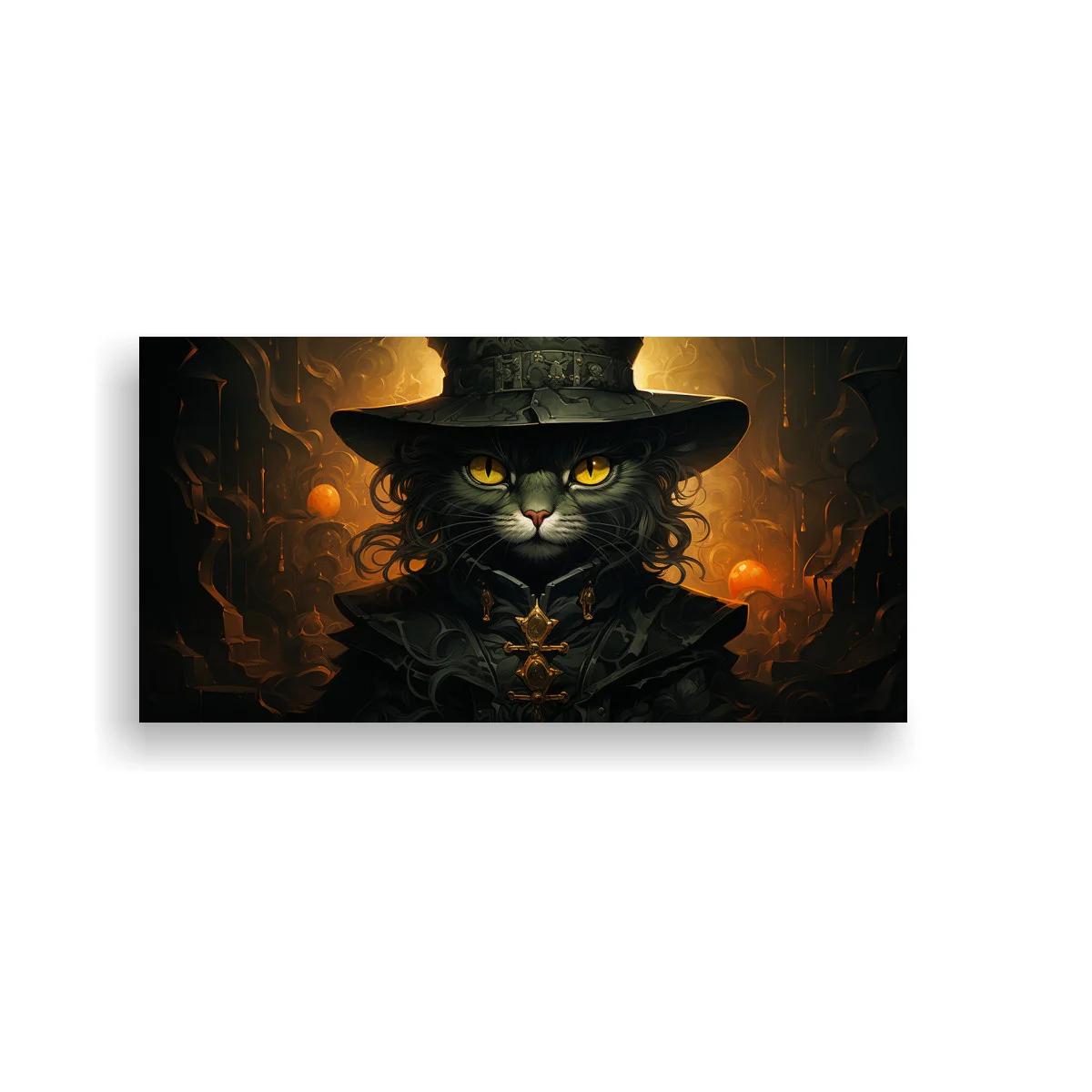 Cuadro gato negro con sombrero de bruja y luces ámbar