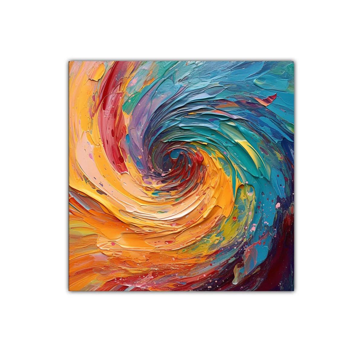 Cuadro abstracto en espiral con vibrantes colores cálidos y fríos