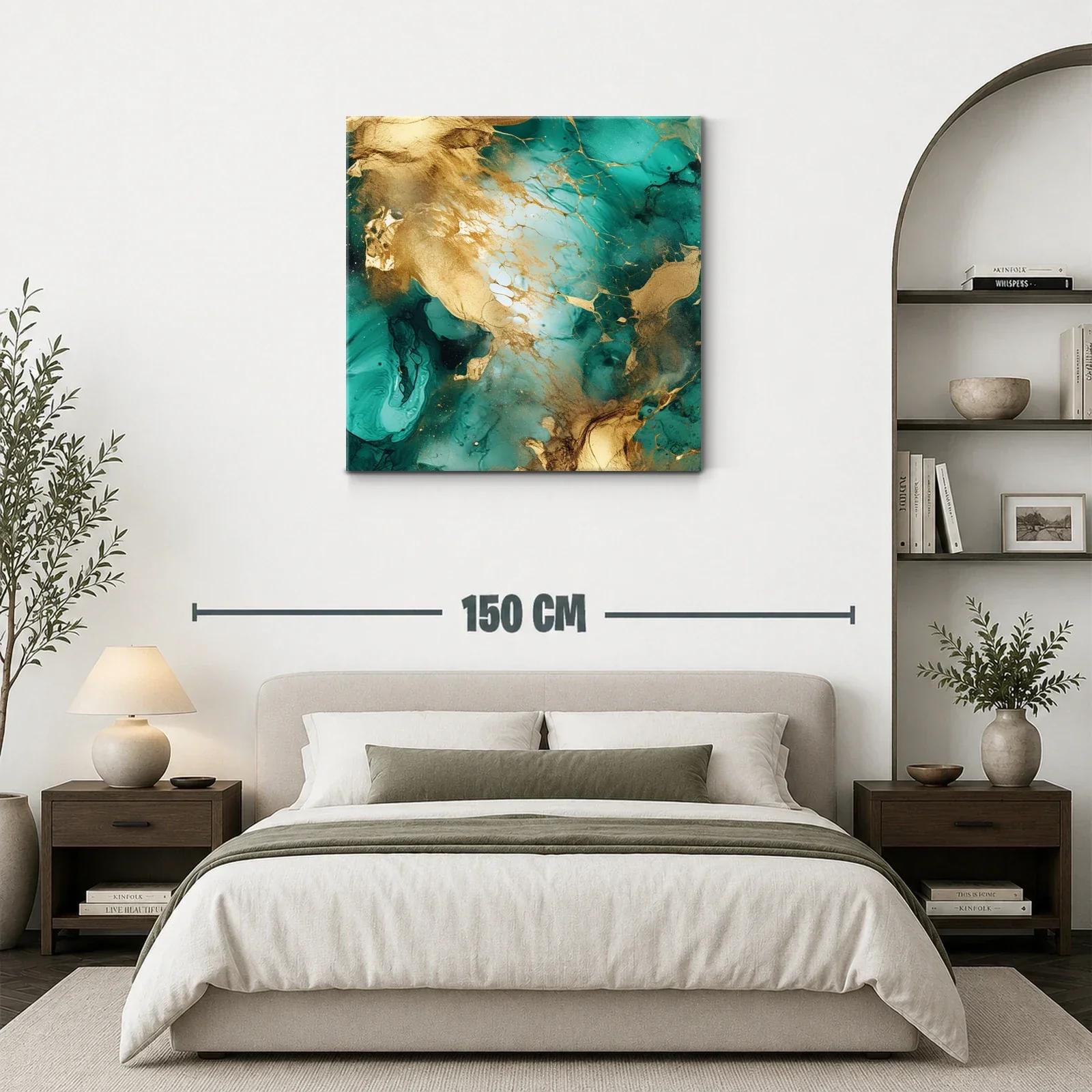 Cuadro abstracto con tonos dorados y verdes vibrantes — miniatura 3