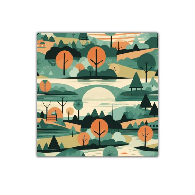 Paisaje sereno con árboles naranjas y tonos verdes suaves