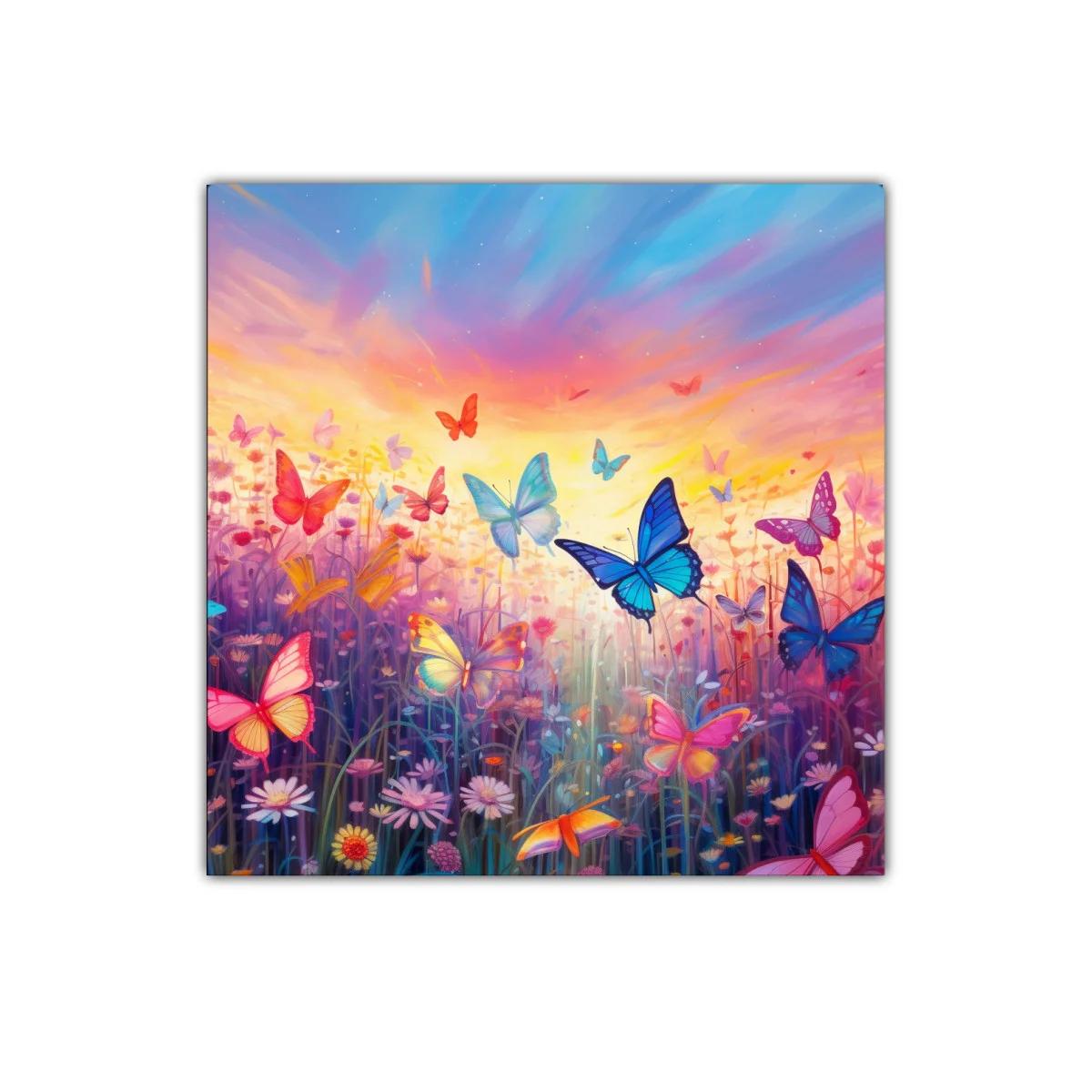 Mariposas en vuelo sobre campo de flores al amanecer