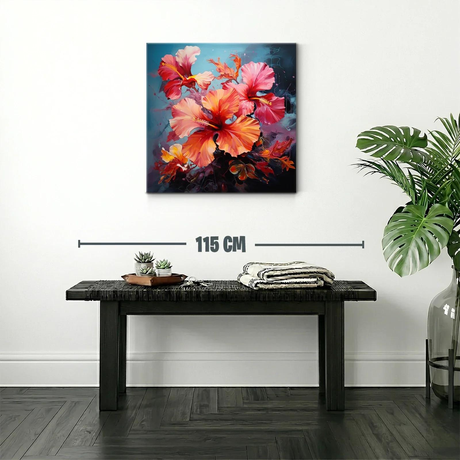 Cuadro floral con vibrantes tonos cálidos y fondo azul — miniatura 2