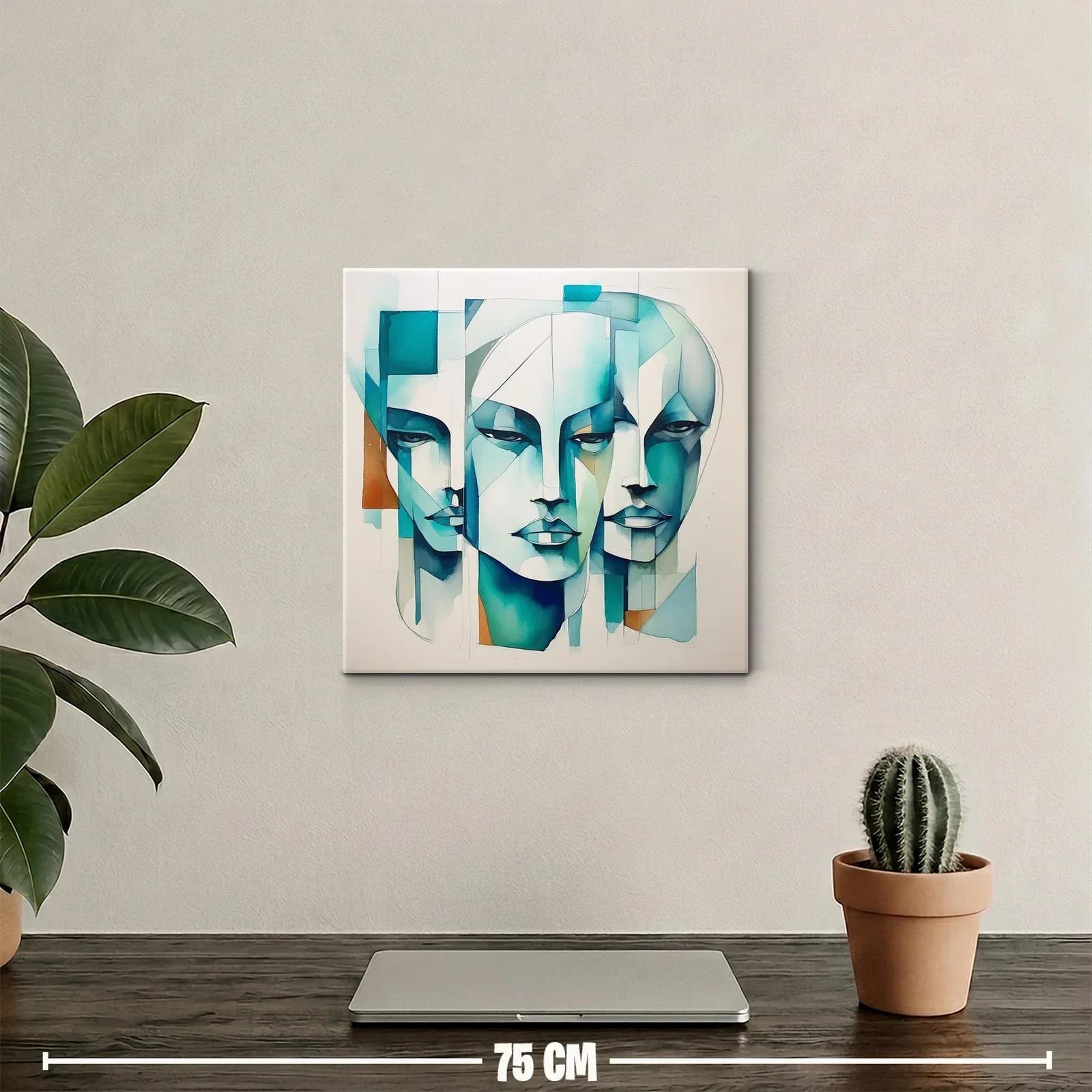 Tríptico abstracto de rostros en tonos azules y turquesa — miniatura 2