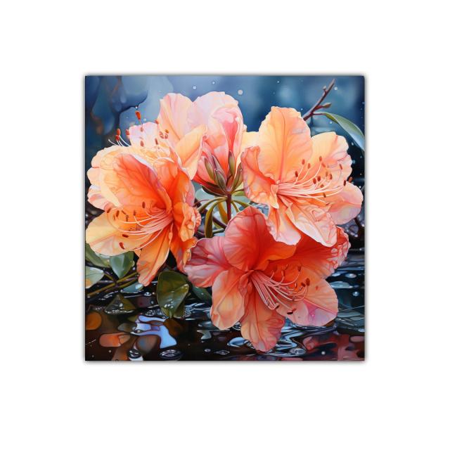 Cuadro vibrante con flores naranjas y reflejos acuáticos