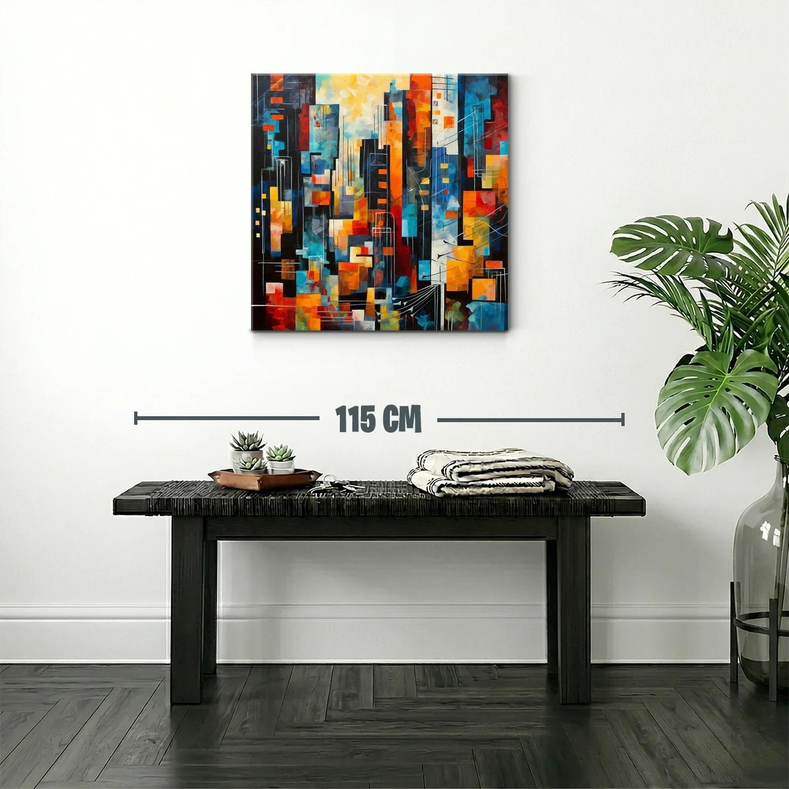 Cuadro abstracto con vibrante ciudad en tonos cálidos y fríos — miniatura 2