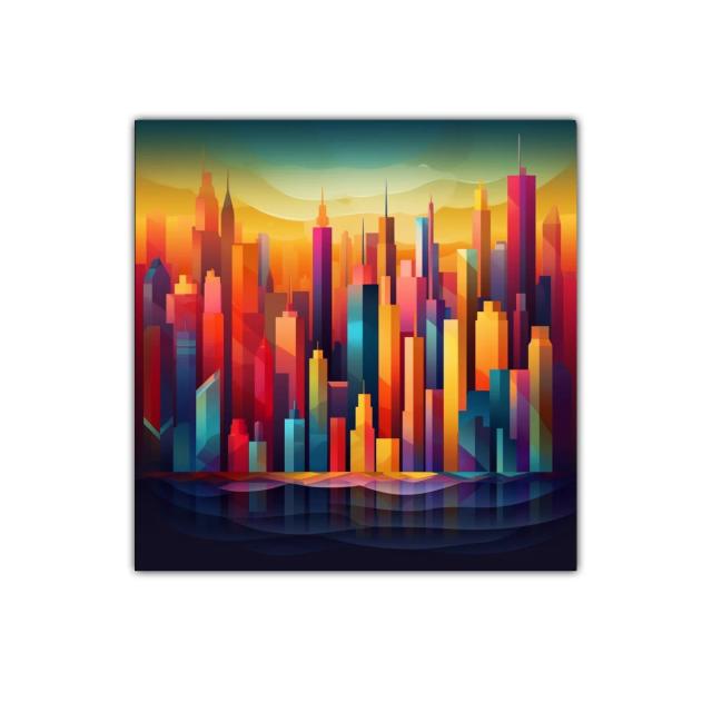 Cuadro colorido con skyline urbano vibrante al atardecer