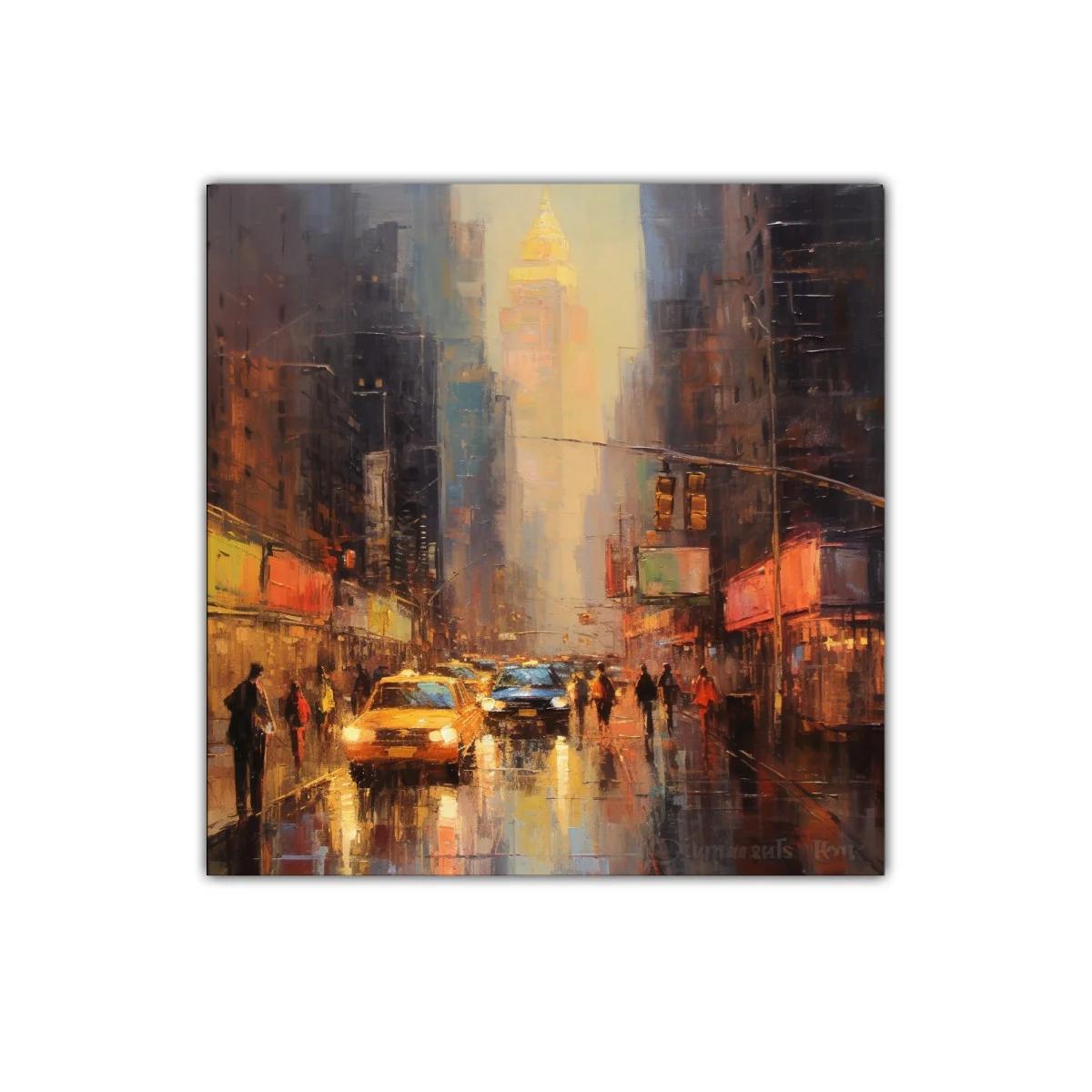 Atardecer urbano con taxis en calle lluviosa de ciudad — imagen principal