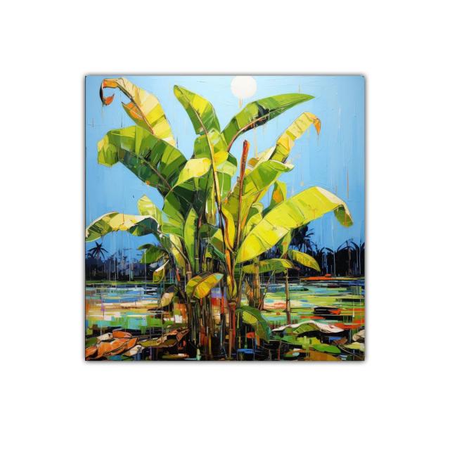 Cuadro decorativo de banana en paisaje tropical vibrante