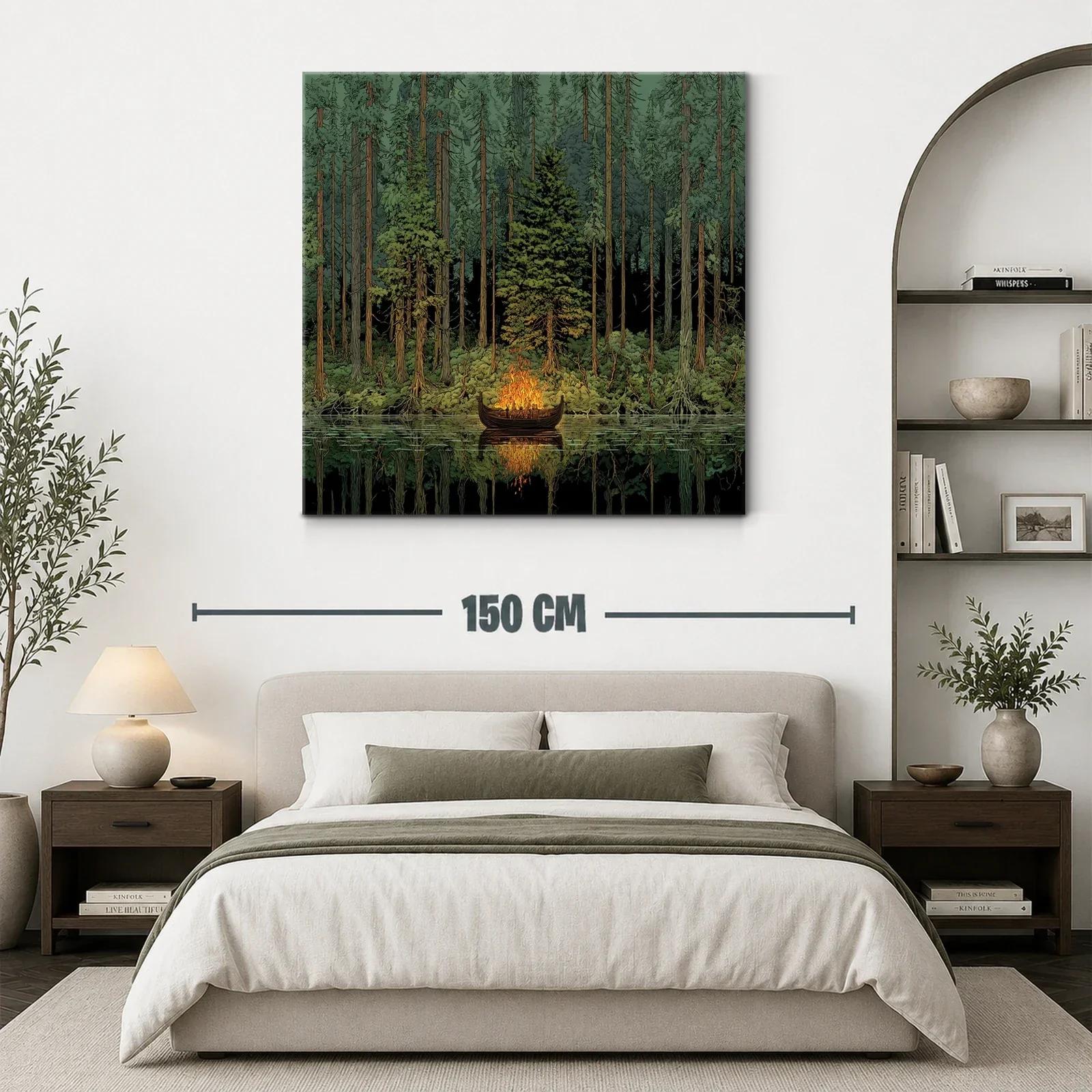 Bosque profundo con barca en fuego sobre agua tranquila — miniatura 3
