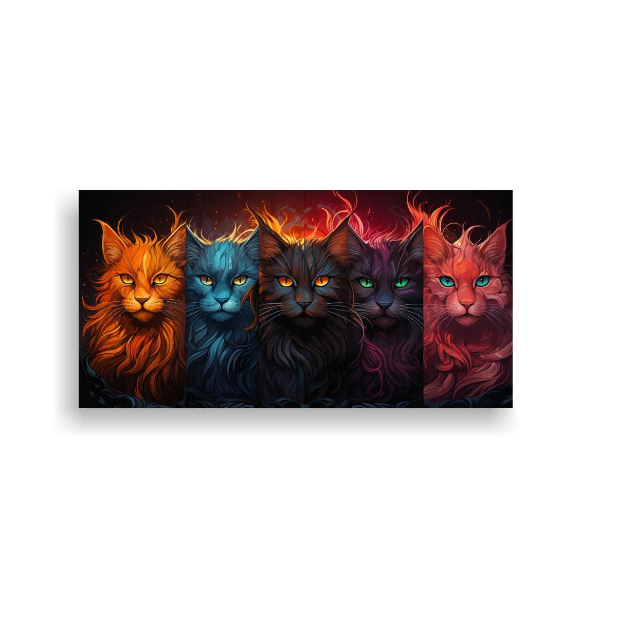 Cuadro cinco gatos de pelo largo con halos de color