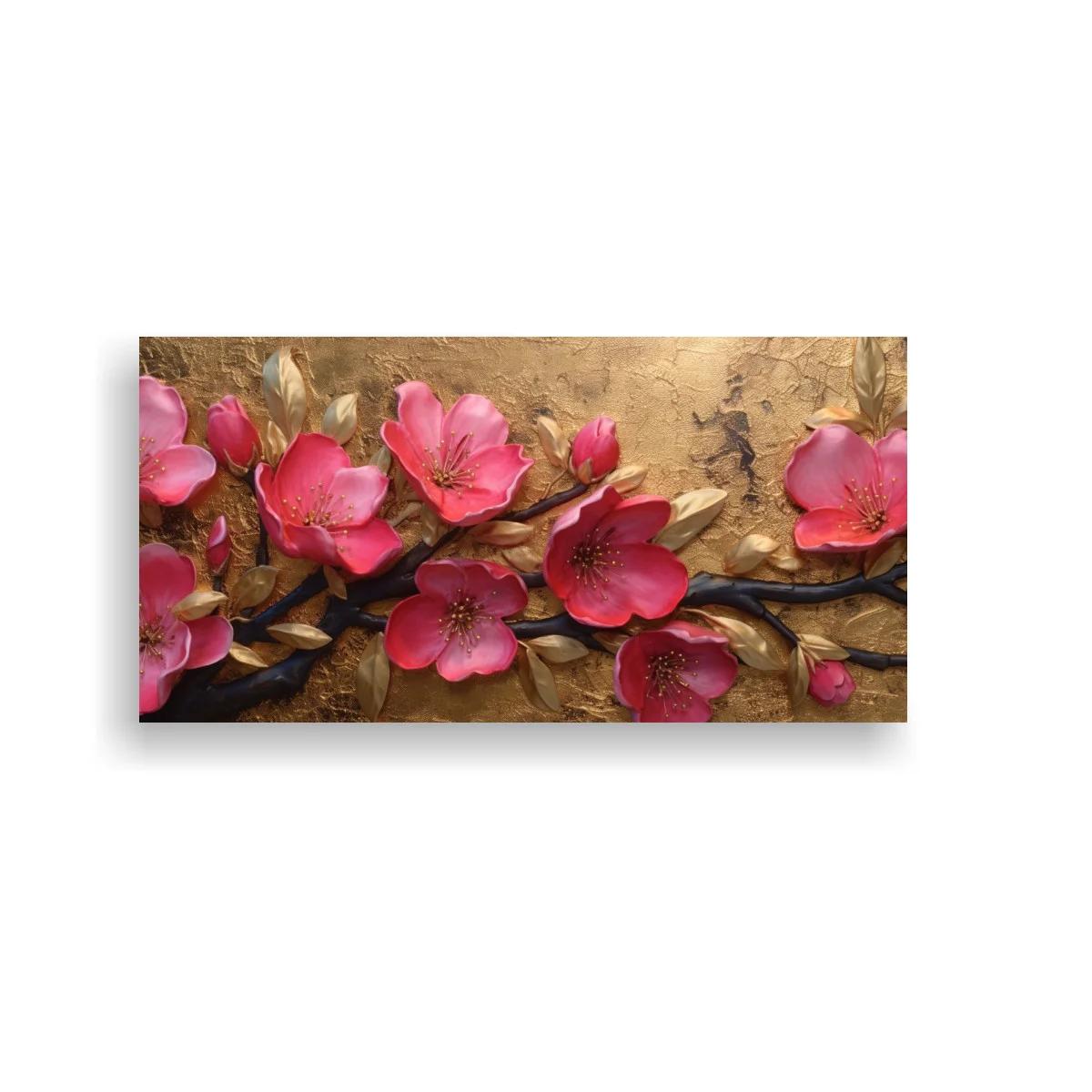 Cuadro flores rosas con ramas doradas