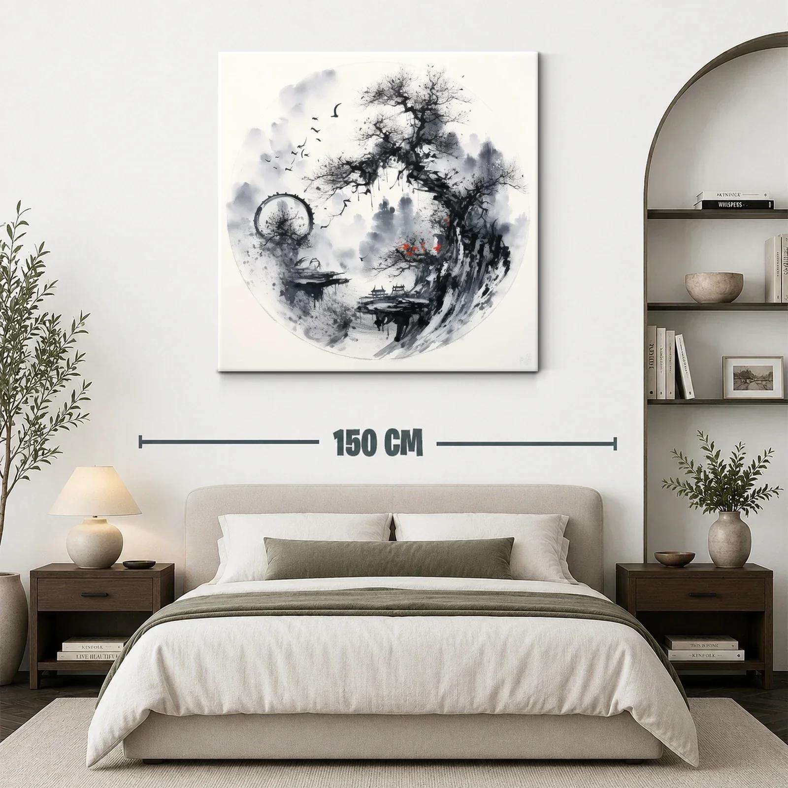 Paisaje asiático con árbol y aves en tonos monocromos — miniatura 3