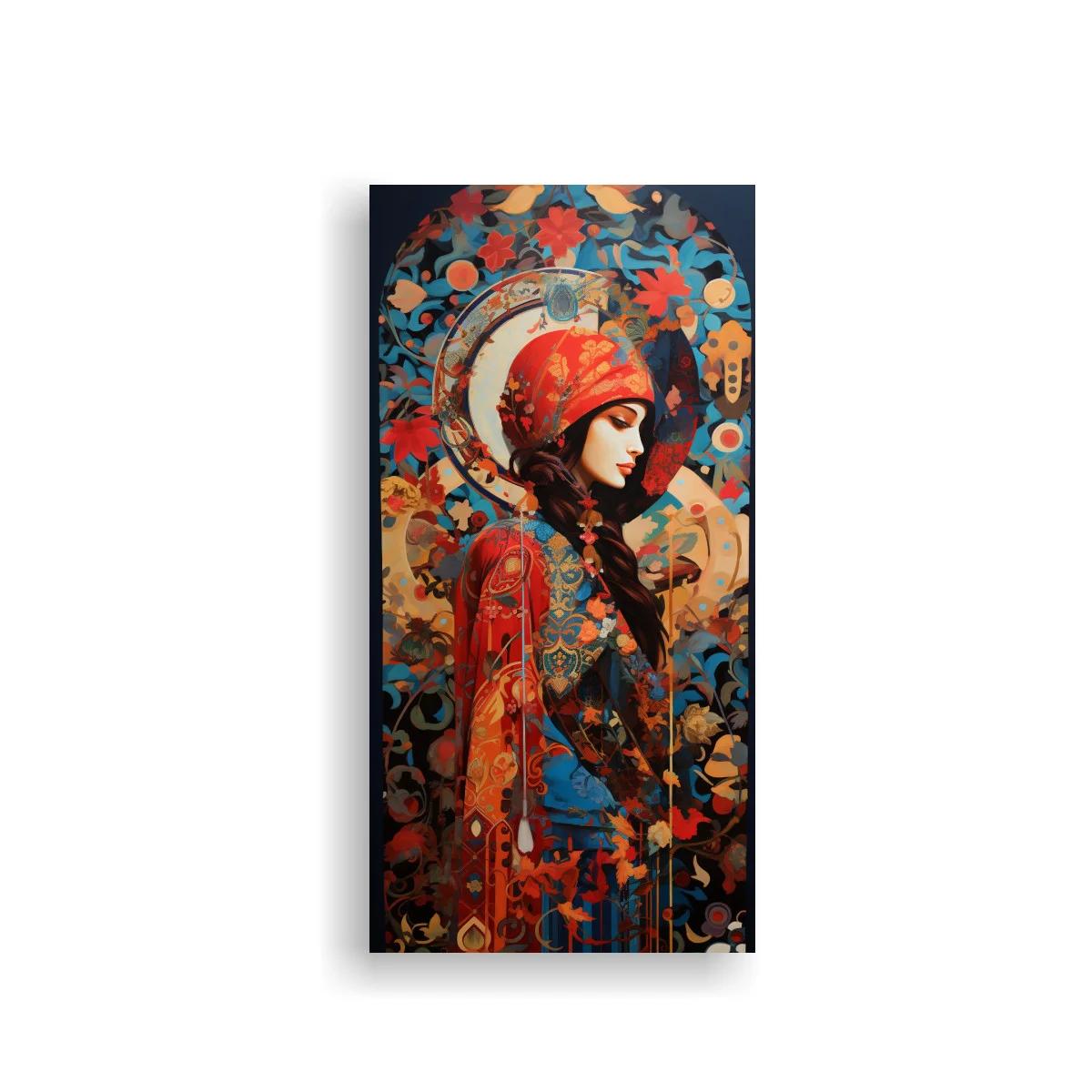 Cuadro mujer con turbante rojo y halo floral