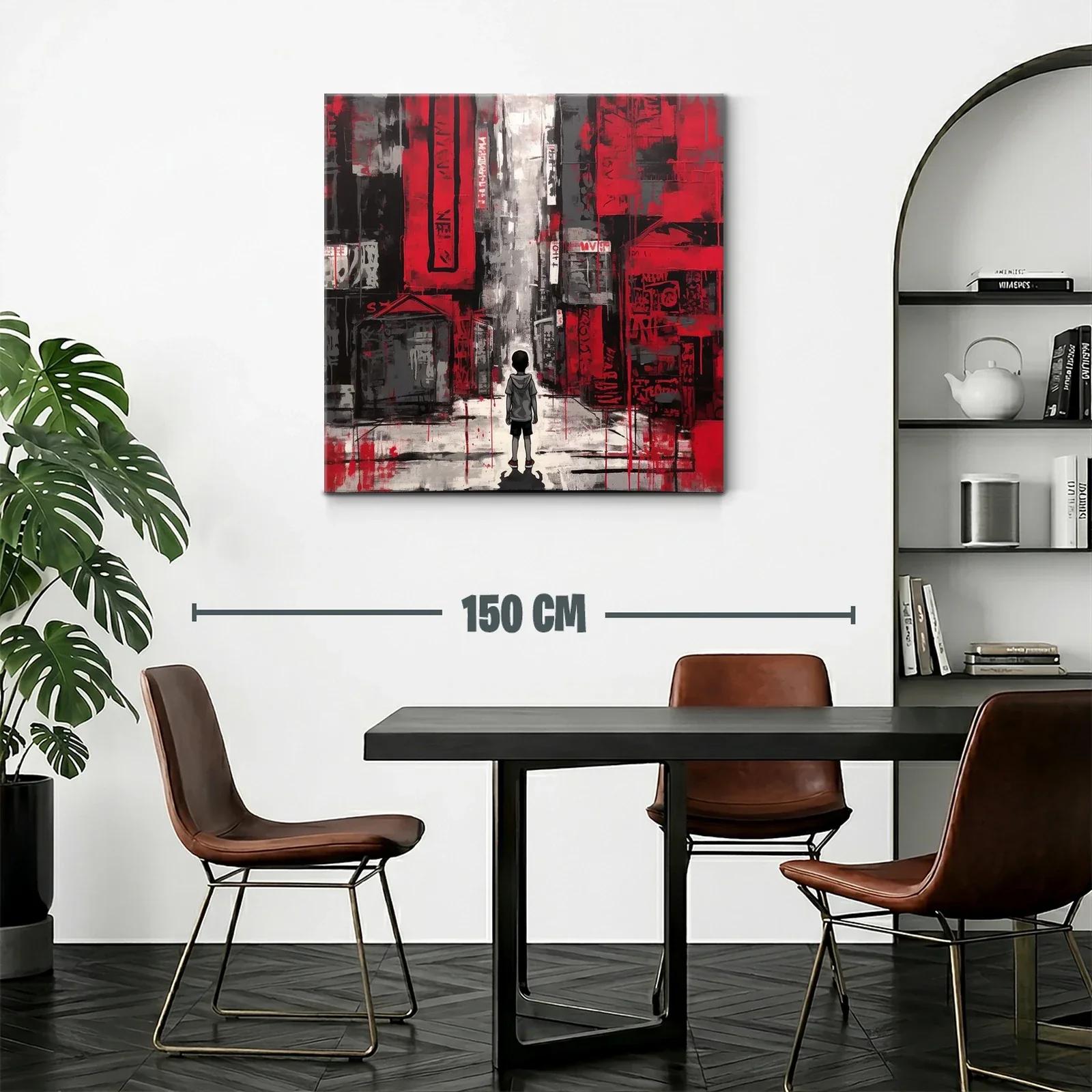 Escena urbana con niño en tonos rojos y grises vibrantes — miniatura 2