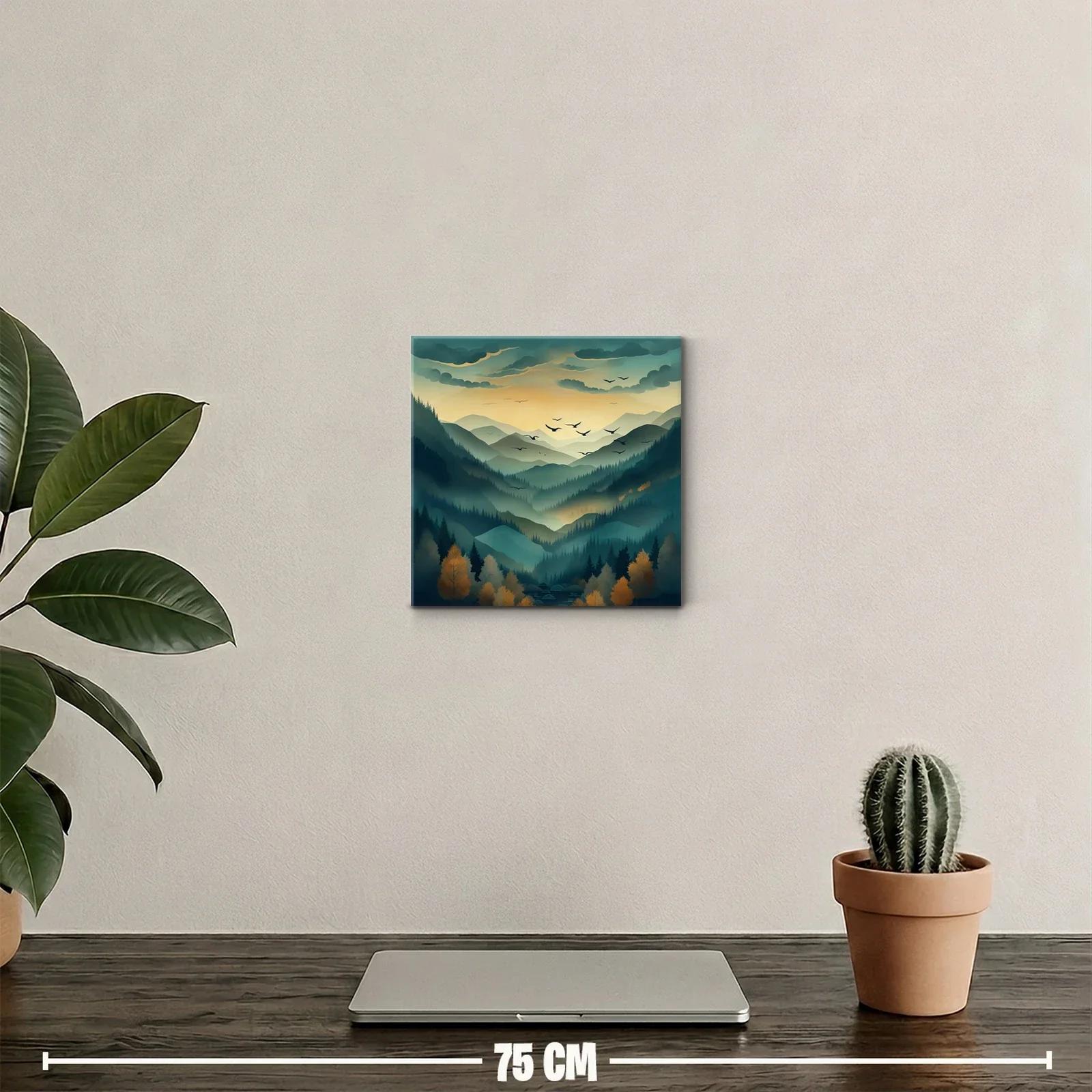 Paisaje de montañas nebulosas al amanecer con aves en vuelo — miniatura 2