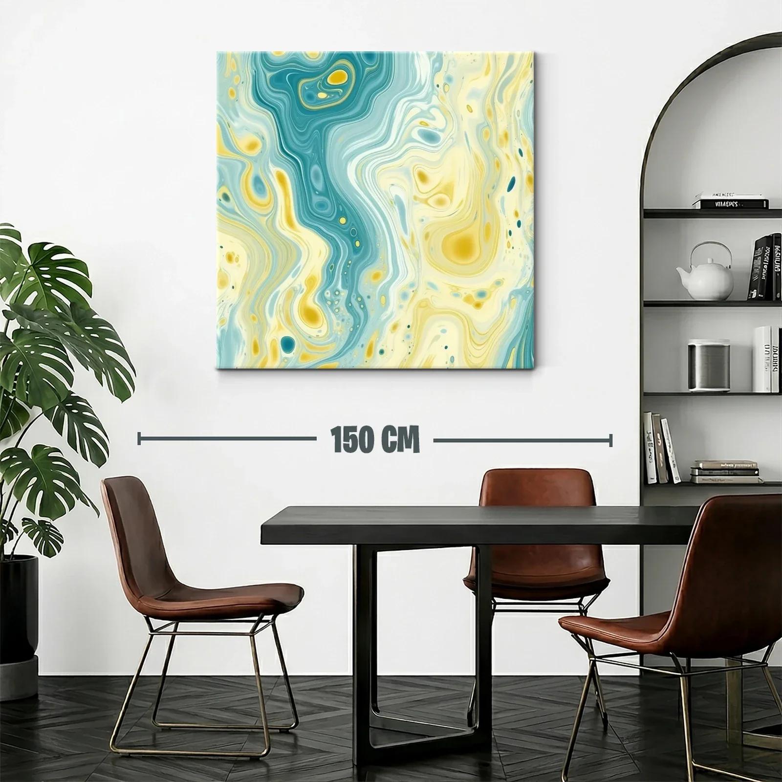 Cuadro abstracto con fluidas formas y tonos aqua y amarillo — miniatura 2