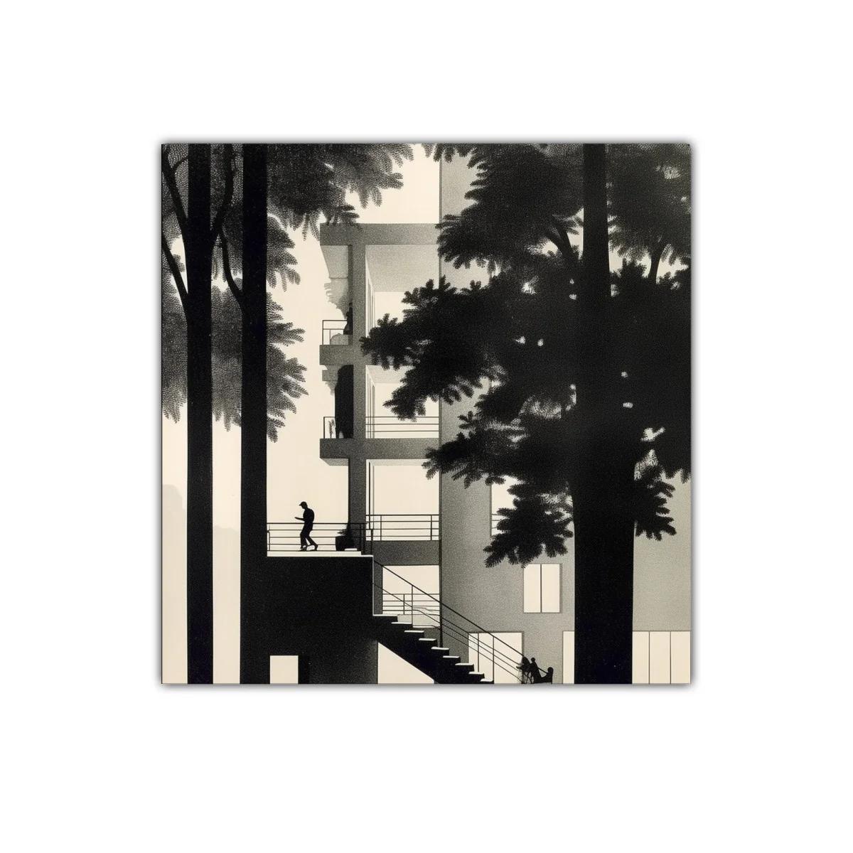 Escena urbana entre árboles en tonos grises y negros — imagen principal