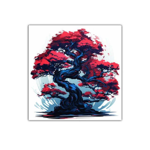 Árbol elegante con follaje rojo vibrante y tronco azul oscuro