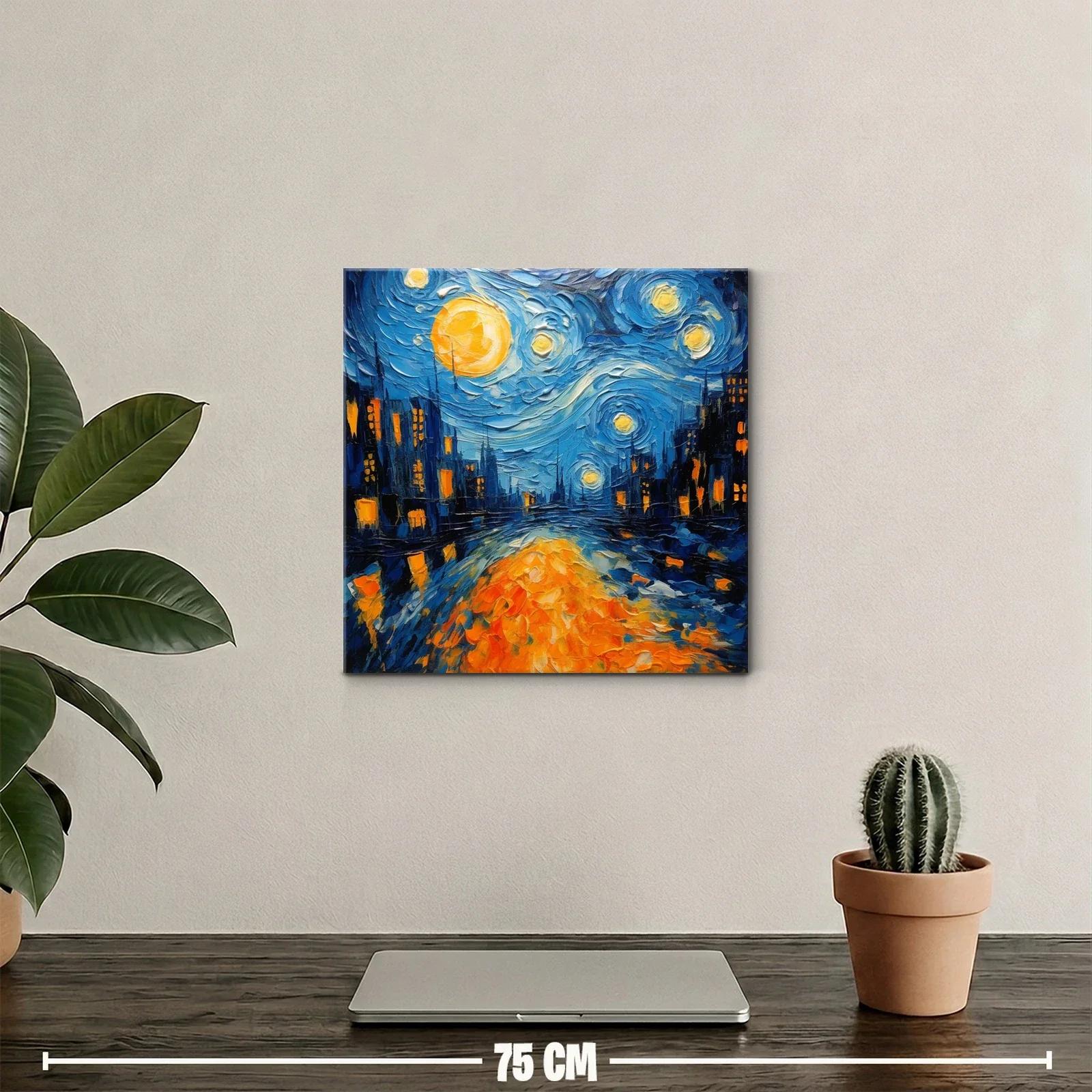 Calle nocturna iluminada en tonos azules y naranjas vibrantes — miniatura 2