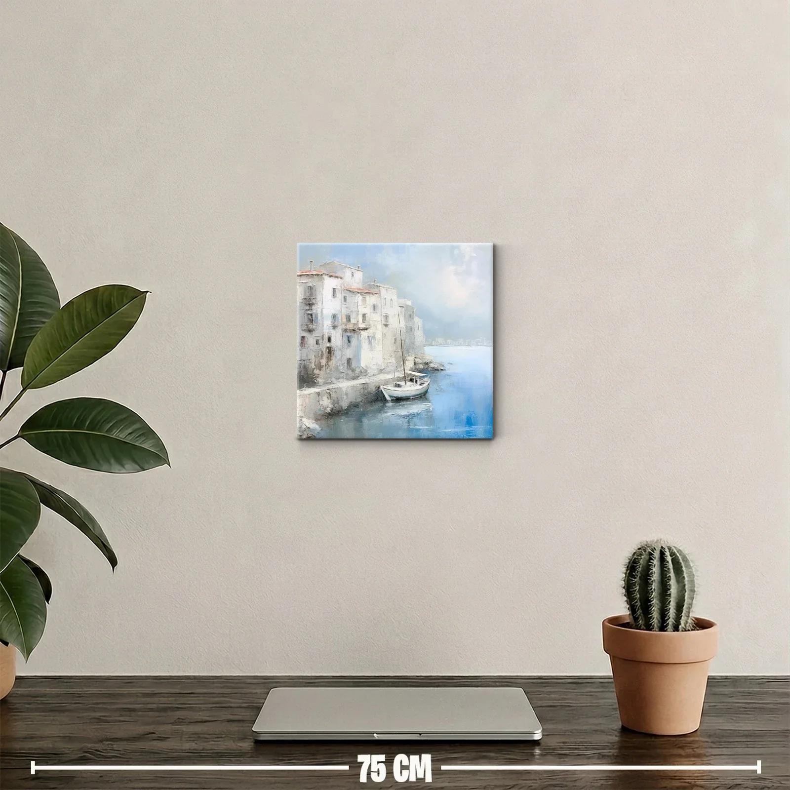 Paisaje costero sereno con barco y edificaciones antiguas — miniatura 2