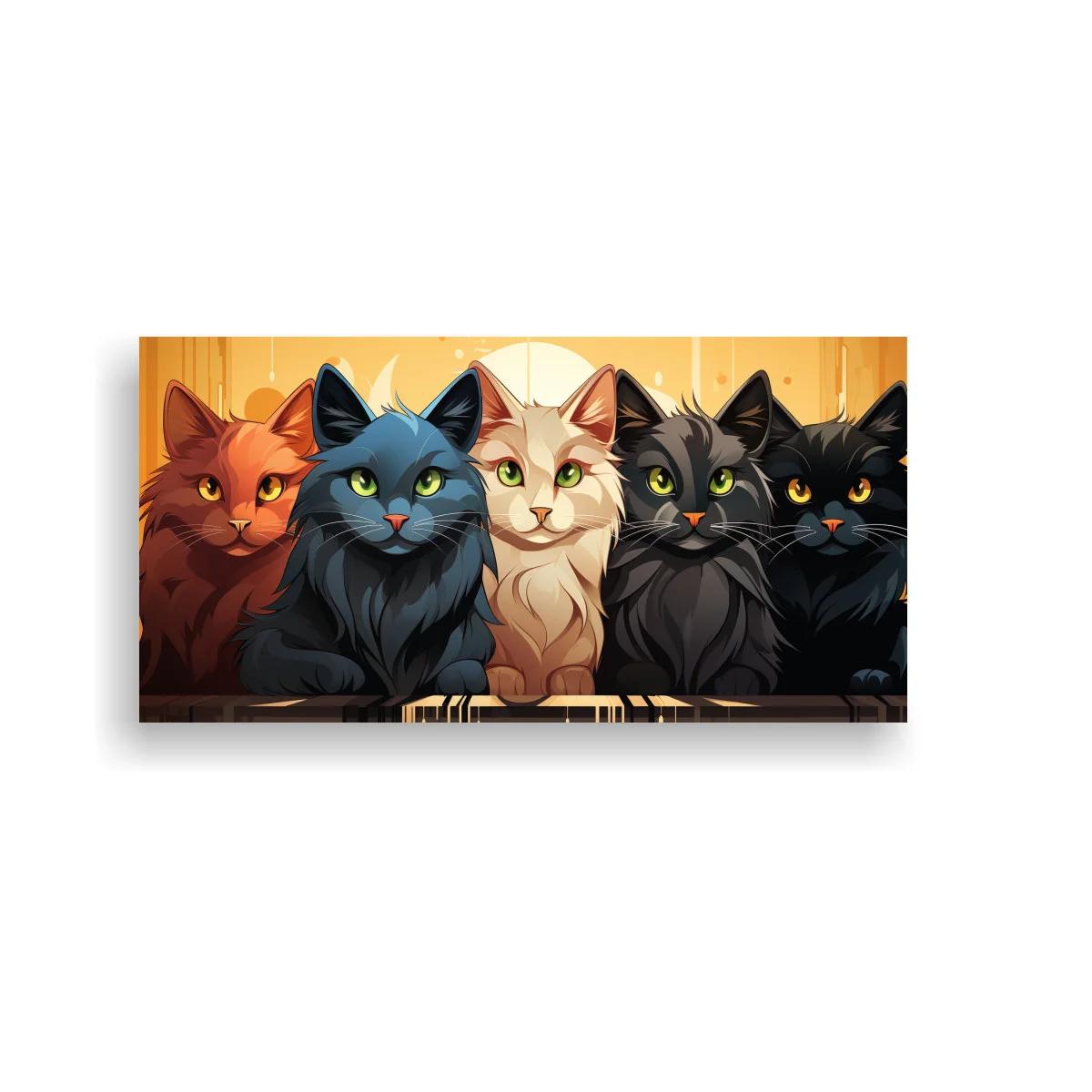 Cuadro grupo de cinco gatos alineados