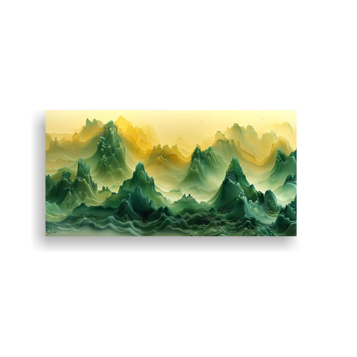 Cuadro cordillera de montañas con bruma y picos escarpados