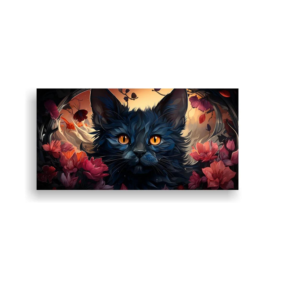 Cuadro gato negro de ojos ámbar con luna llena