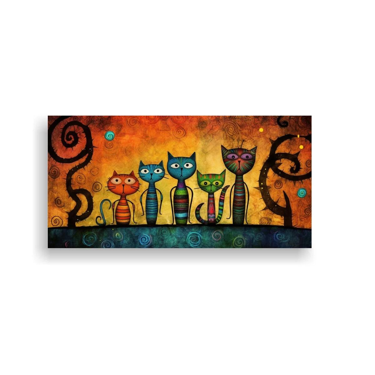 Cuadro cinco gatos de colores con espirales y remolinos