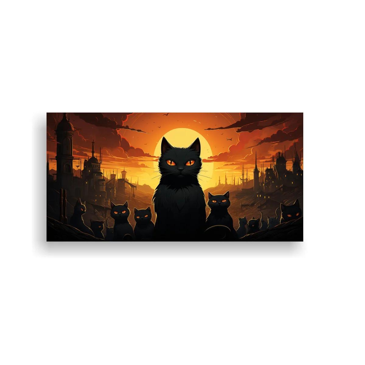 Cuadro gato negro de ojos naranjas con ciudad nocturna