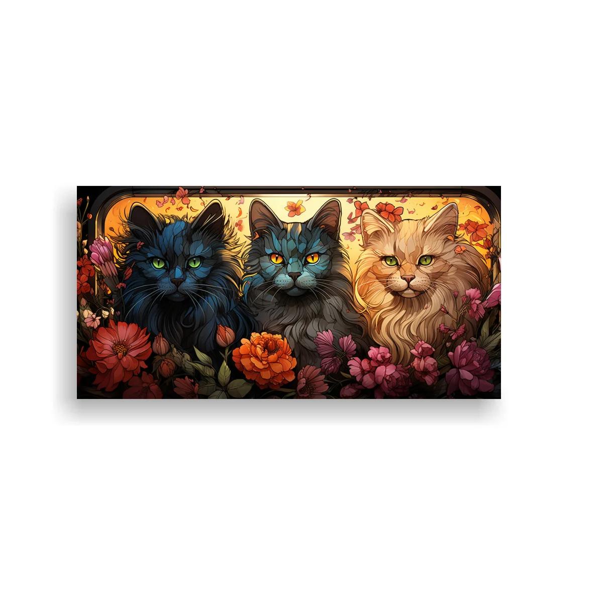 Cuadro tres gatos de pelo largo con mariposas y flores
