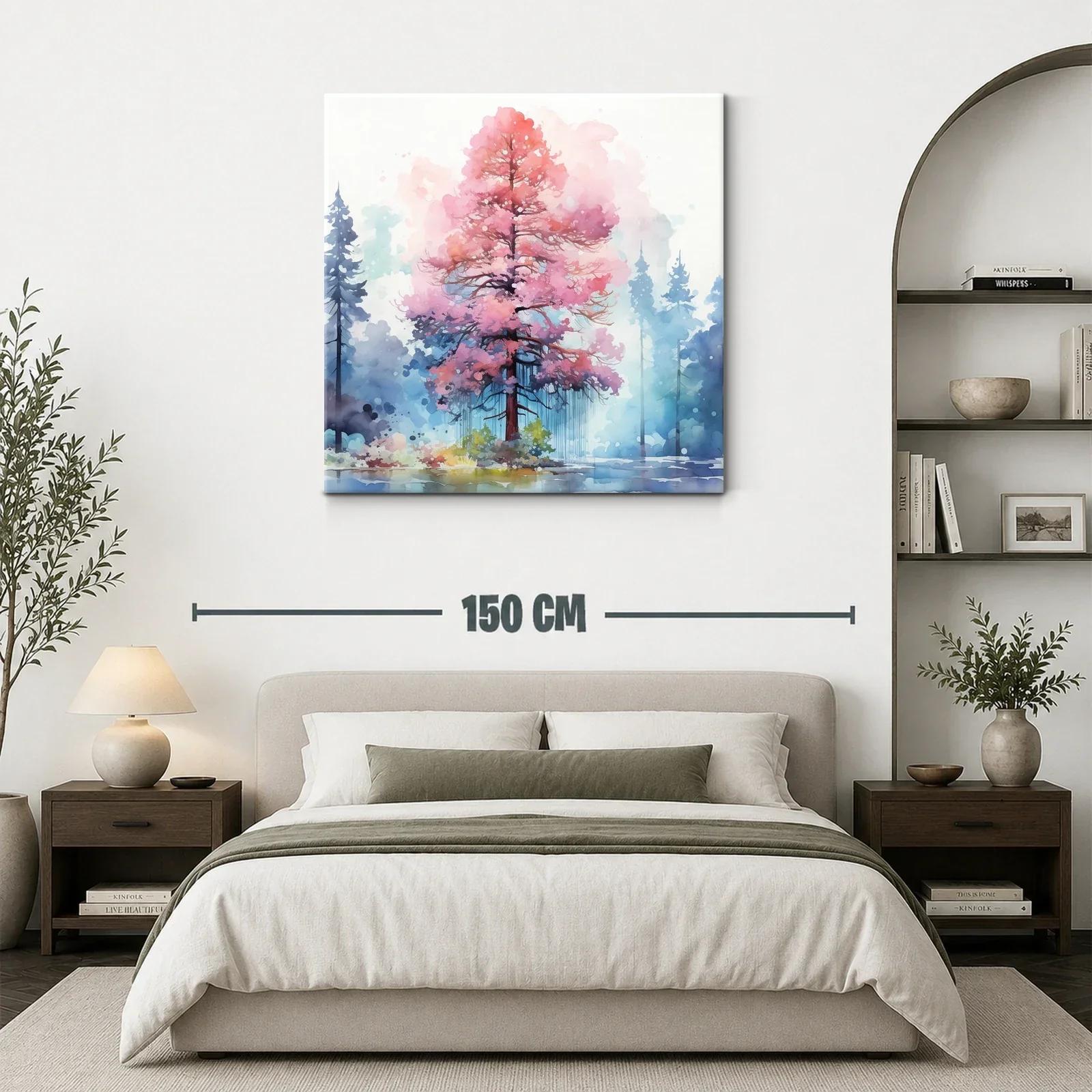 Árbol en tonos rosas vibrantes con fondo de bosque azul — miniatura 3