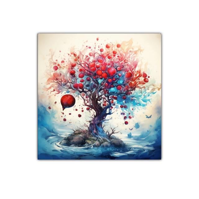 Árbol de frutos rojos con paisaje onírico y acuático