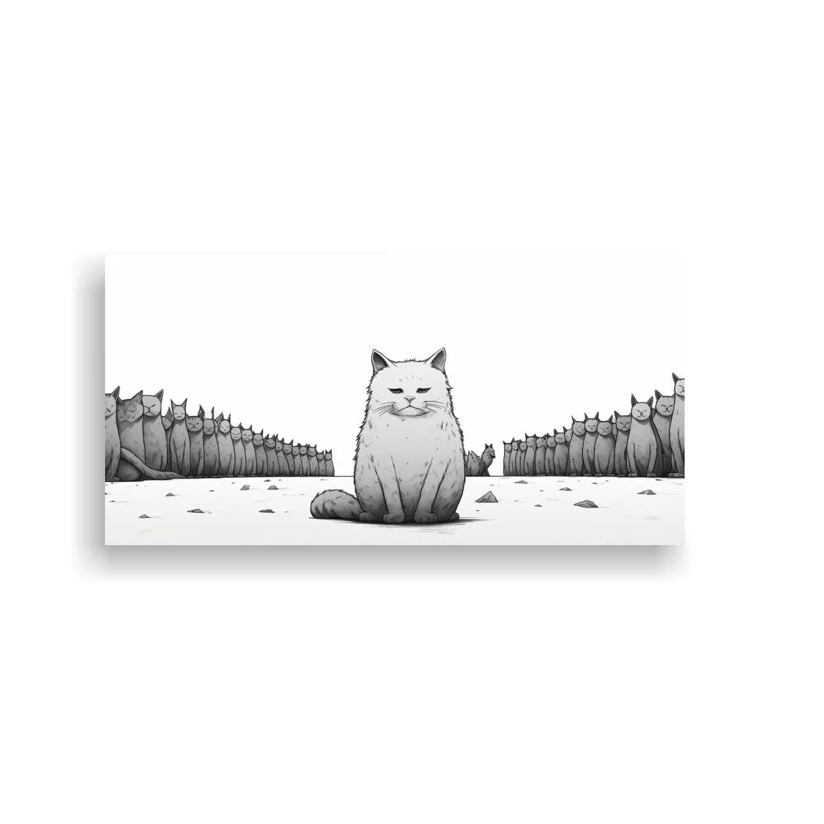 Cuadro gato blanco sentado con gatos alineados y colas visibles