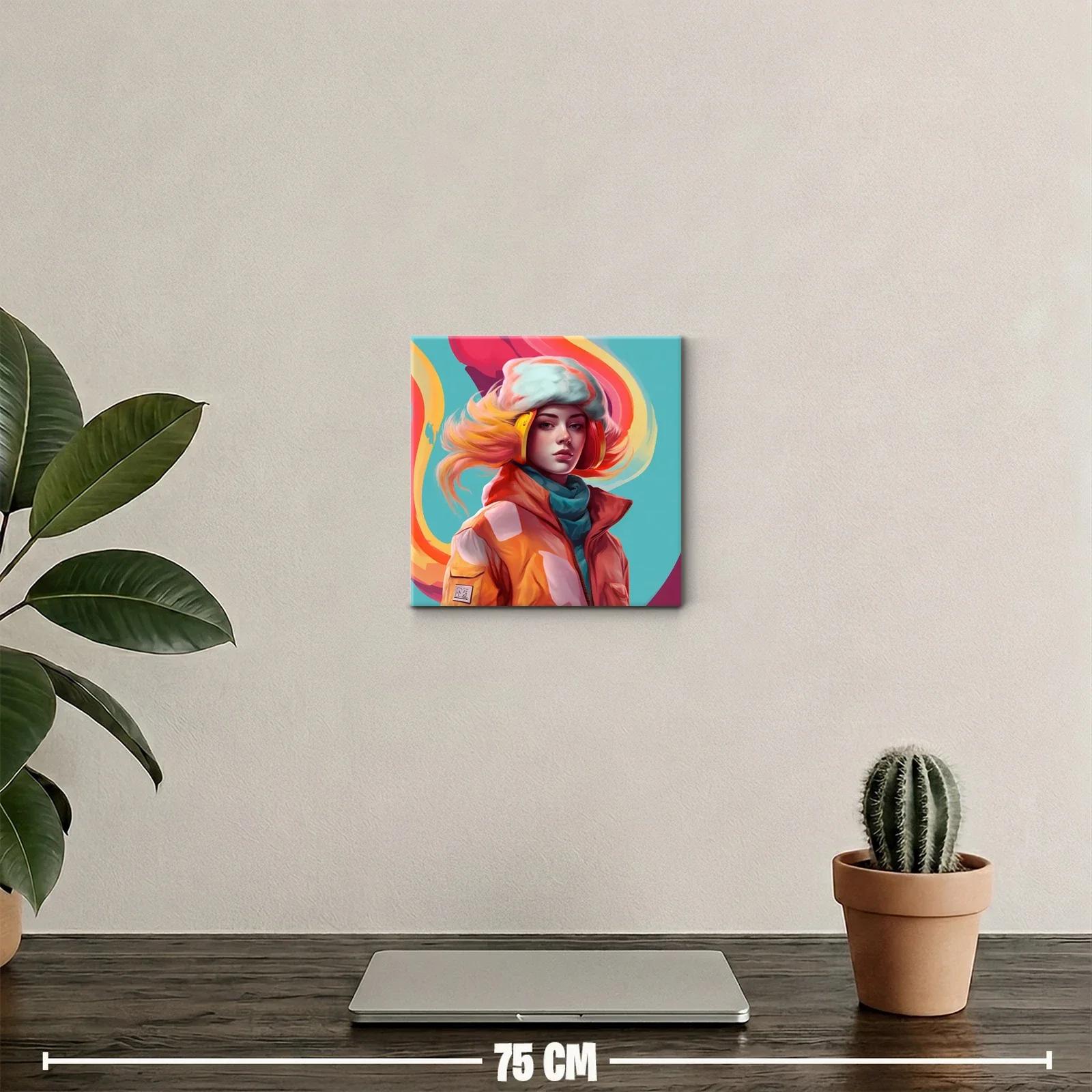 Retrato vibrante de mujer con auriculares y abrigo naranja — miniatura 2