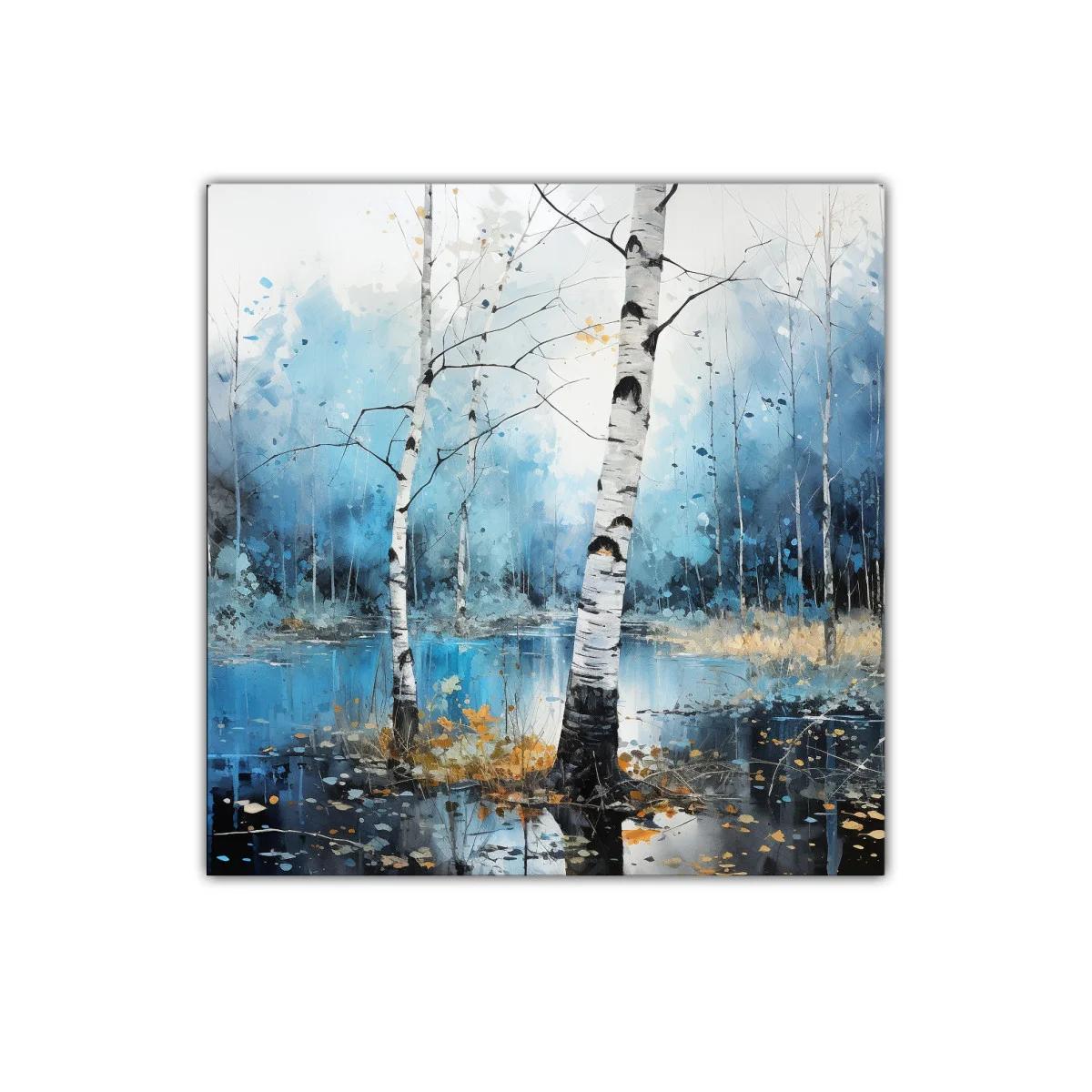 Bosque de abedules con reflejos en tonos azules y dorados