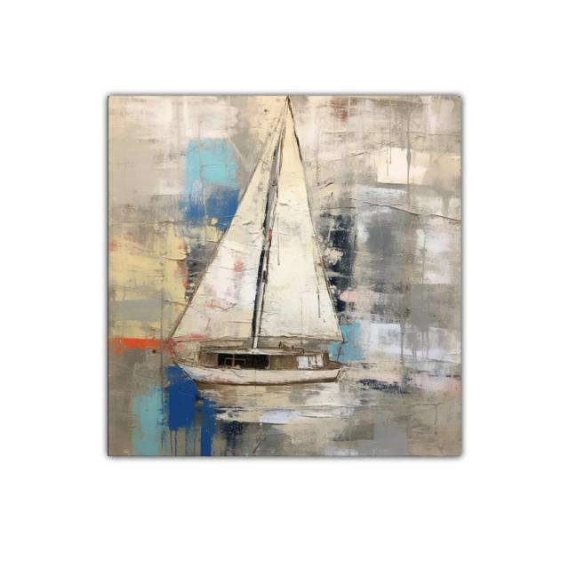 Cuadro decorativo con velero en tonos cálidos y azules