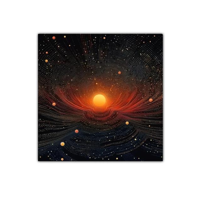 Cuadro abstracto con esfera luminosa y galaxias puntillistas