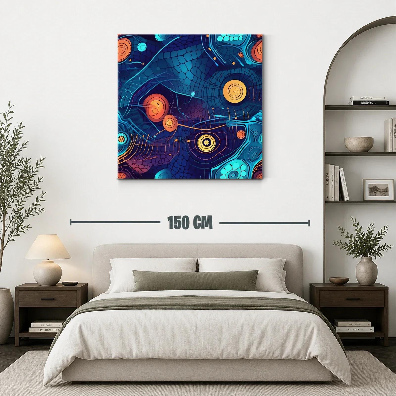 Cuadro abstracto con formas circulares en tonos azules y naranjas — miniatura 3