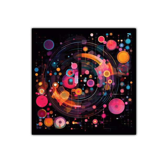 Cuadro abstracto con círculos coloridos y diseño dinámico