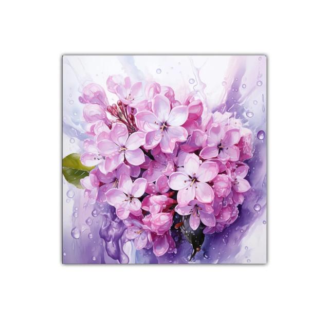 Cuadro decorativo con flores lilas y gotas de agua