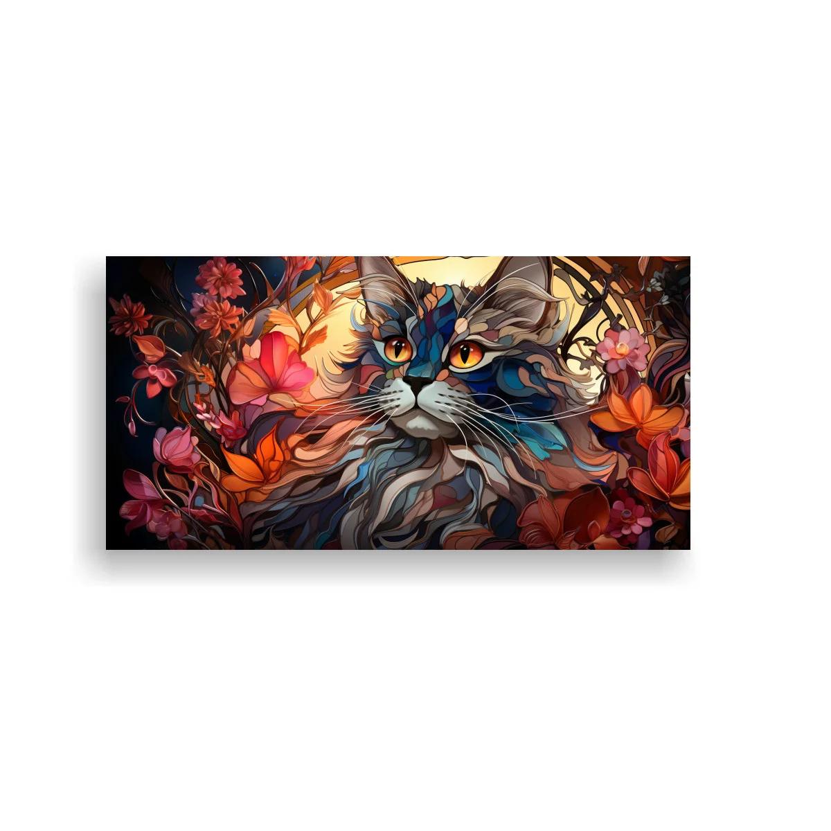Cuadro gato de pelo largo con flores y follaje
