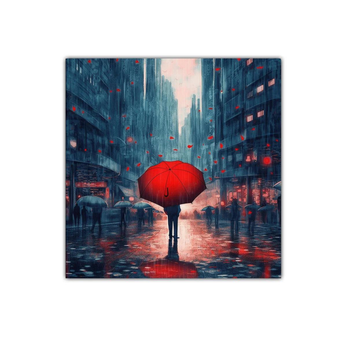 Contraste Urbano con Paraguas Rojo en Ciudad Nocturna — imagen principal