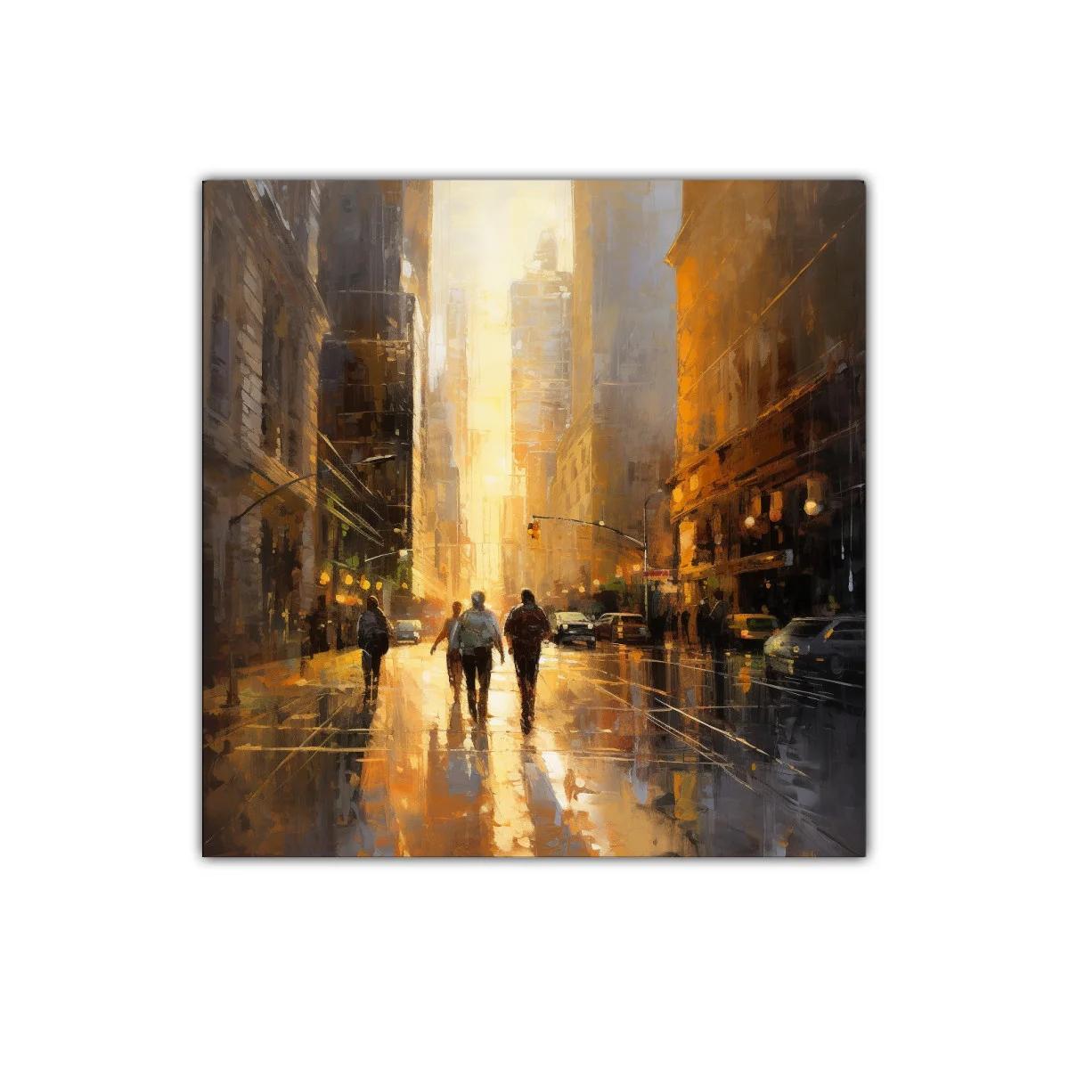 Atardecer urbano con figuras caminando entre edificios — imagen principal