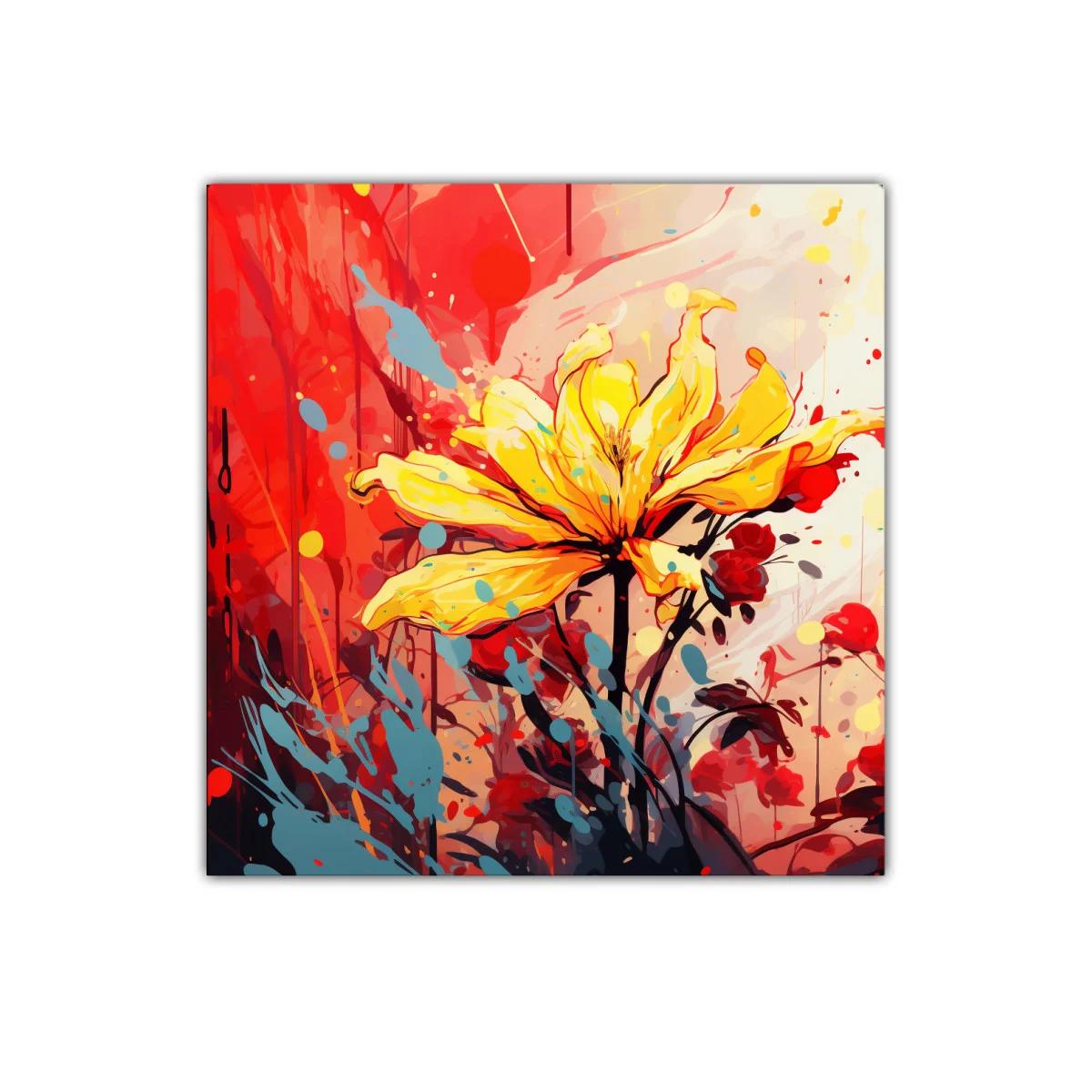 Flor amarilla vibrante con fondo rojo y azul moderno
