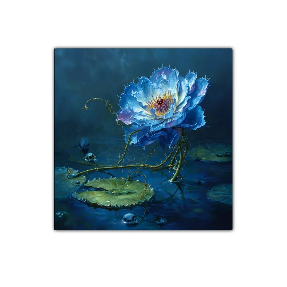 Flor azul luminosa sobre agua con detalles oscuros y misterio — imagen principal