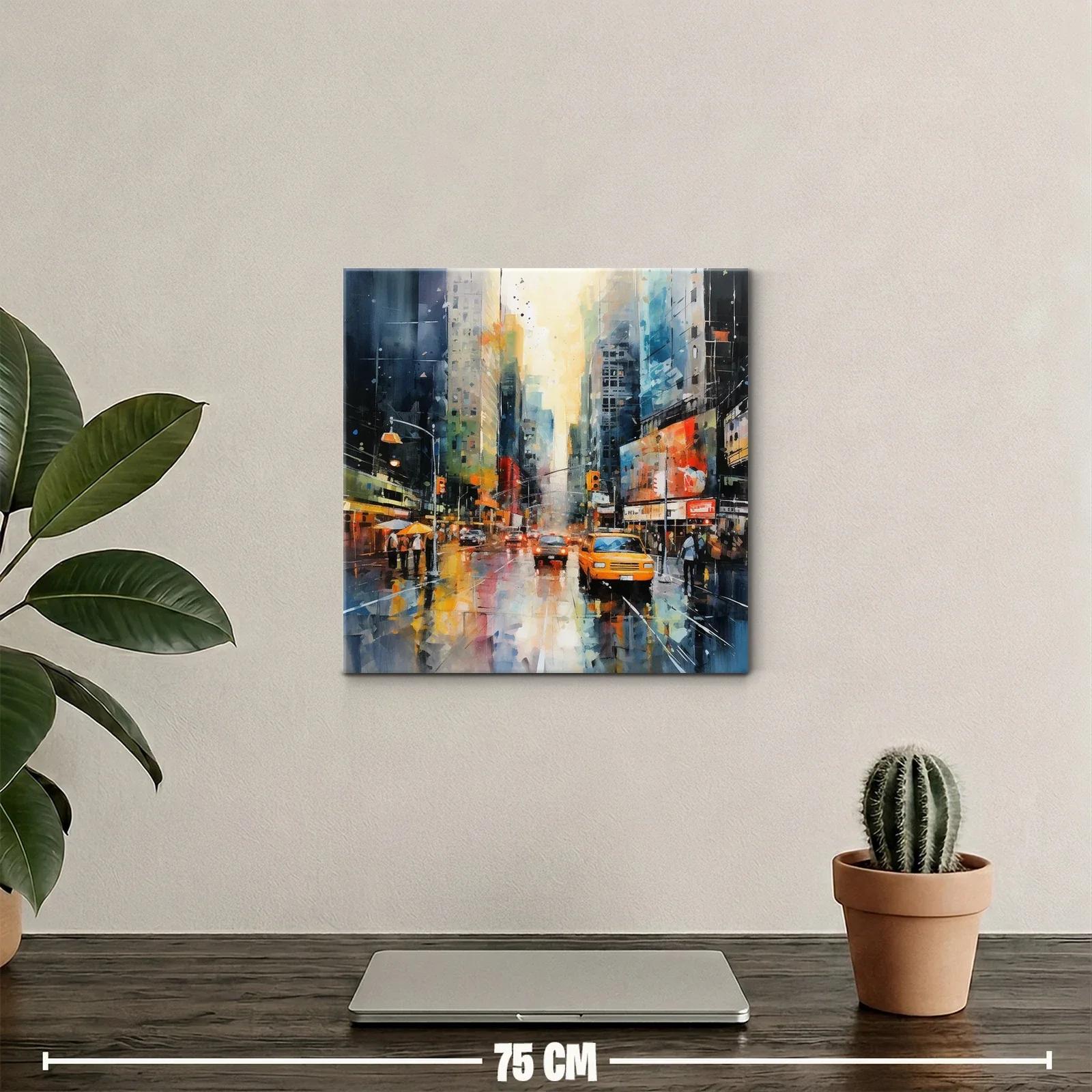 Cuadro urbano con taxi amarillo y reflejos de lluvia — miniatura 2