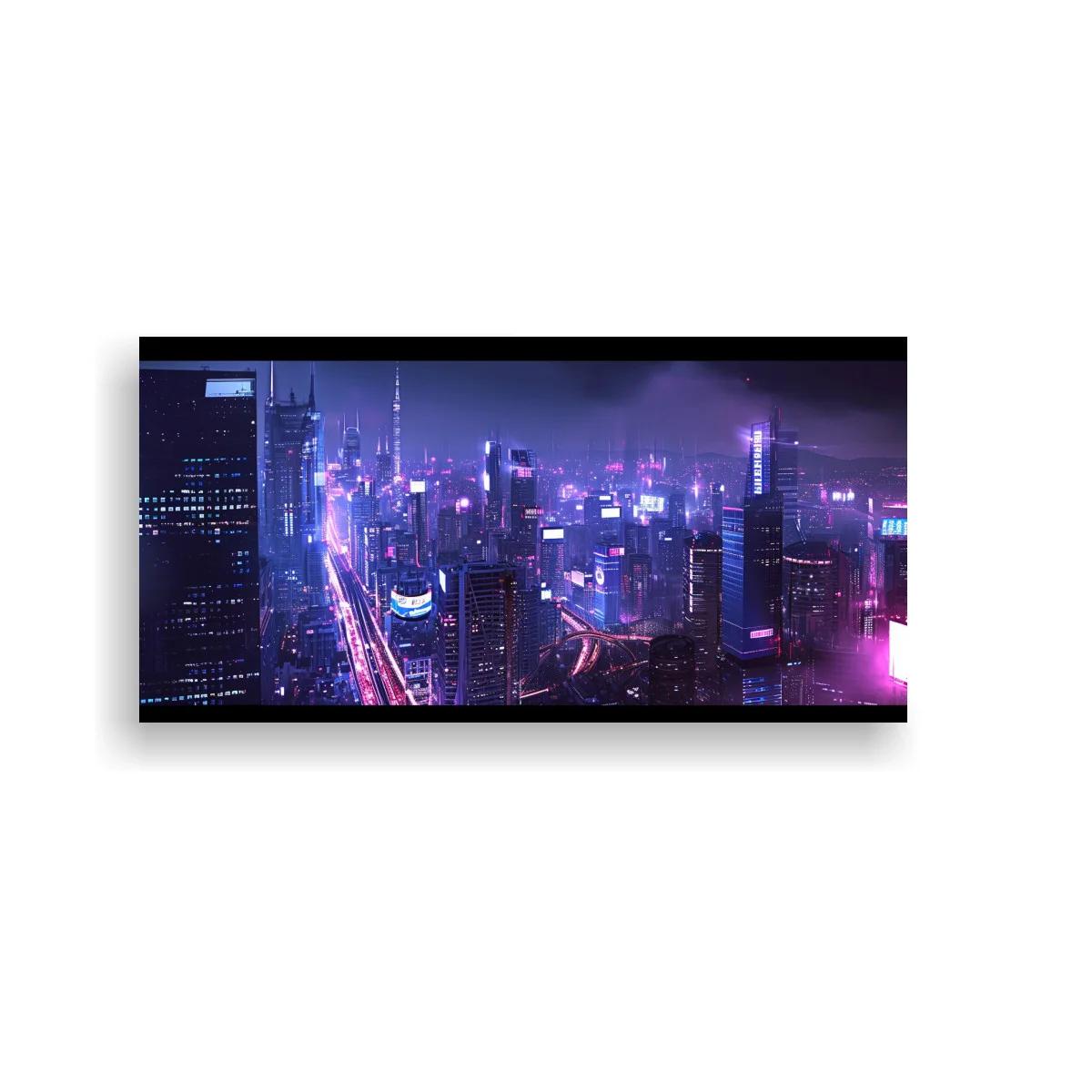Cuadro skyline urbano nocturno con neones y estelas de luz