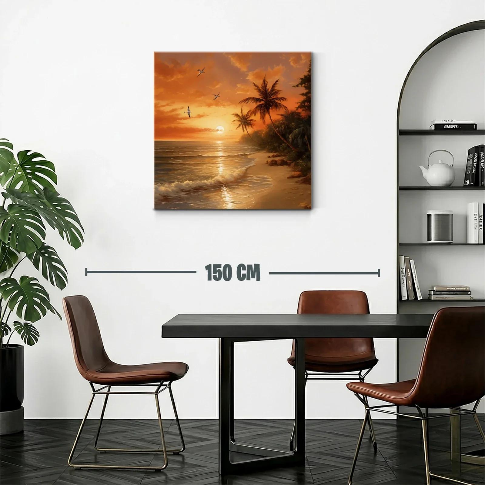 Atardecer tropical con palmeras y vuelo de aves sobre la playa — miniatura 2