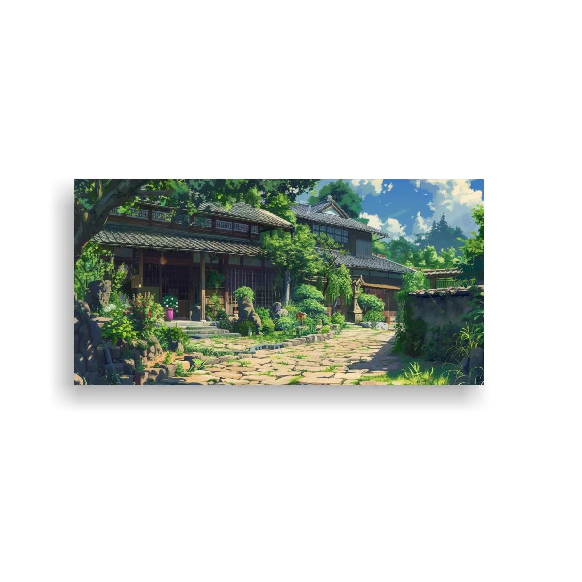 Cuadro casa tradicional japonesa con camino de piedra